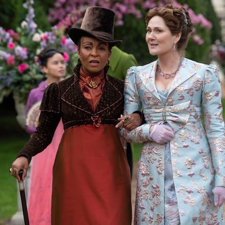 Adjoa Andoh as Lady Danbury and Ruth Gemmell as Lady Violet Bridgerton in "Bridgerton" Season 4.