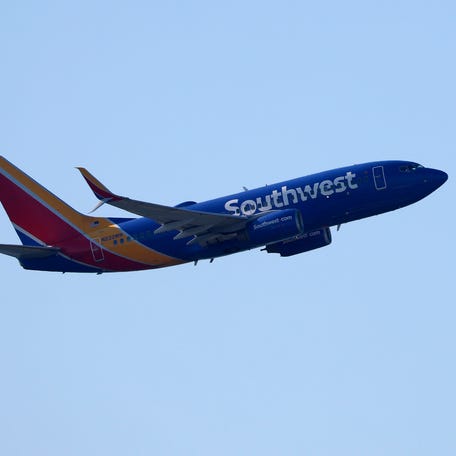 A Southwest Airlines plane takes off from Oakland San Francisco Bay Airport on January 26, 2026 in Oakland, California.