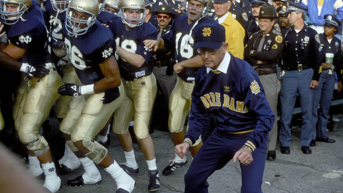 Notre Dame Irish head coach Lou Holtz on the sideline at Notre Dame Stadium.