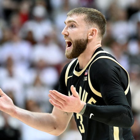 Purdue Boilermakers guard Braden Smith (3) reacts after a play against the Indiana Hoosiers during the first half at Simon Skjodt Assembly Hall.