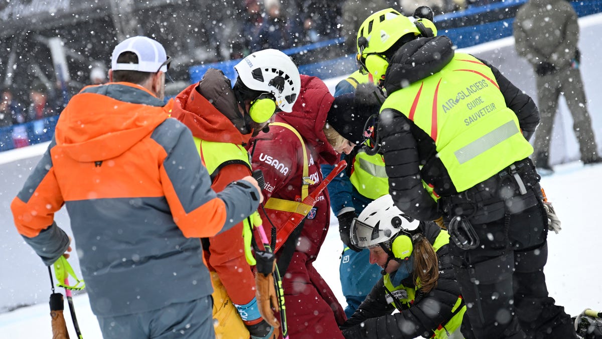 Lindsey Vonn of the U.S. before being airlifted after sustaining an injury in a crash.