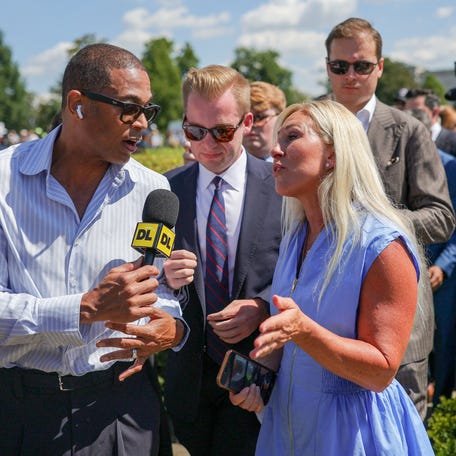 U.S. Representative Marjorie Taylor Greene (R-GA), right, speaks to journalist Don Lemon, left, following a press conference alongside alleged victims of Jeffrey Epstein at the U.S. Capitol in Washington, D.C. on September 3, 2025. M