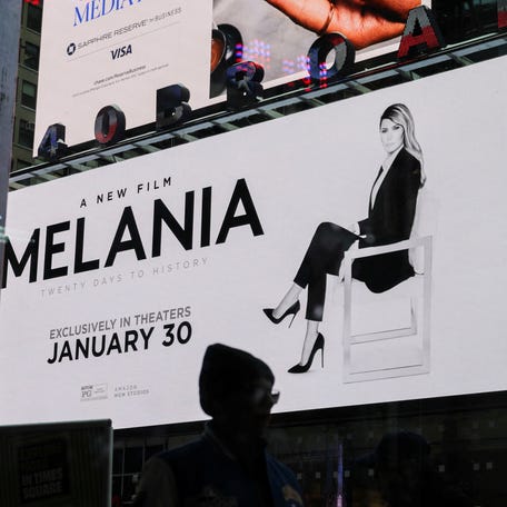 A movie poster for the documentary "Melania" featuring U.S. first lady Melania Trump is displayed in New York on Jan. 26, 2026.
