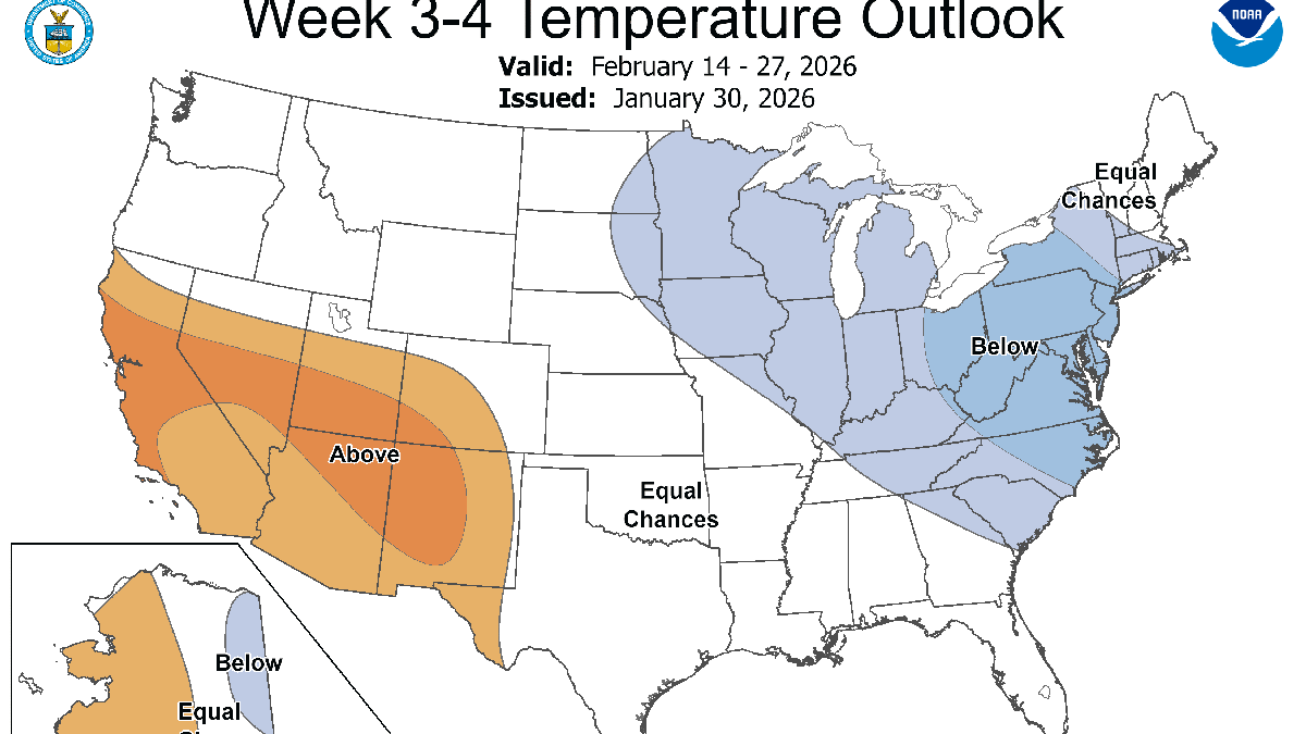 The last two weeks of February shows a continuation of the cold air in the eastern U.S. and warm temperatures in the western U.S.