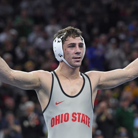 Mar 22, 2025; Philadelphia, PA, USA; Jesse Mendez of the Ohio State Buckeyes celebrates win during the Division I Men's Wrestling Championship held at Wells Fargo Center. Mandatory Credit: Eric Hartline-Imagn Images