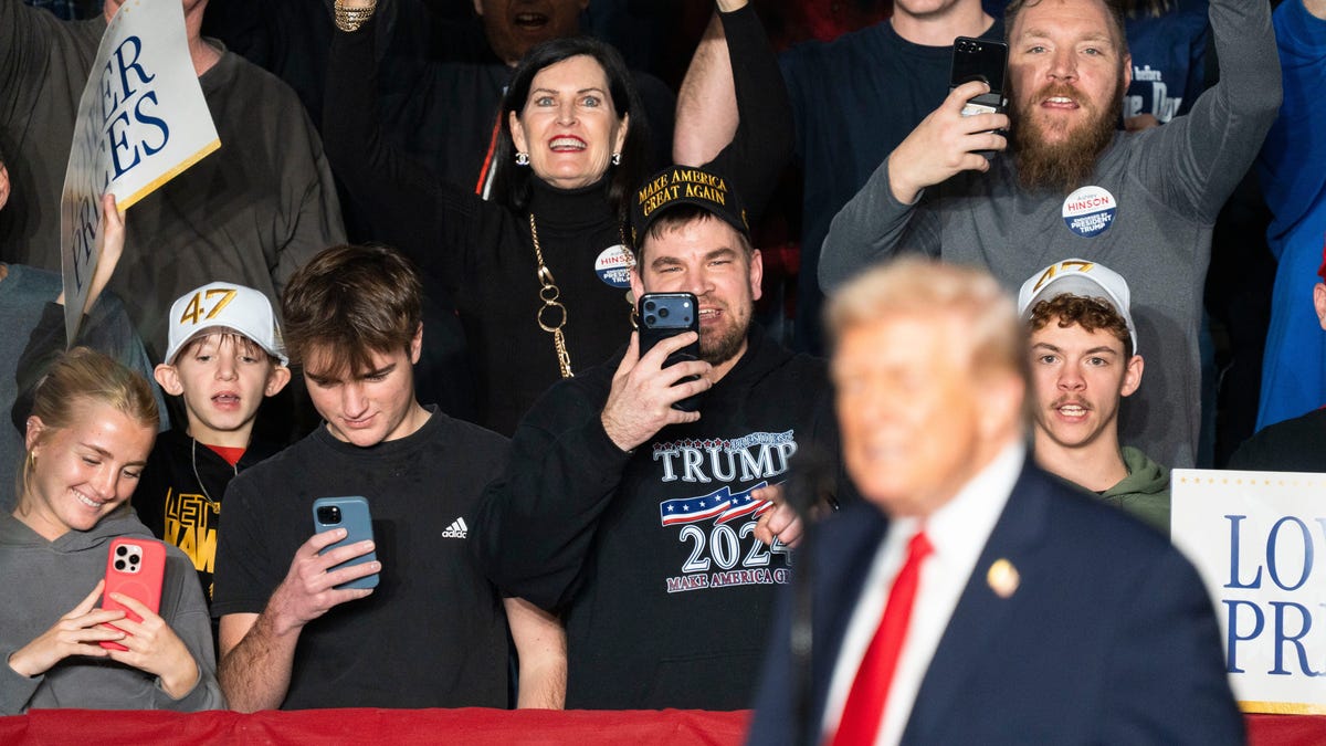 Supporters cheer as President Donald Trump takes the stage during a rally at Horizon Events Center on Tuesday, Jan. 27, 2026 in Clive.