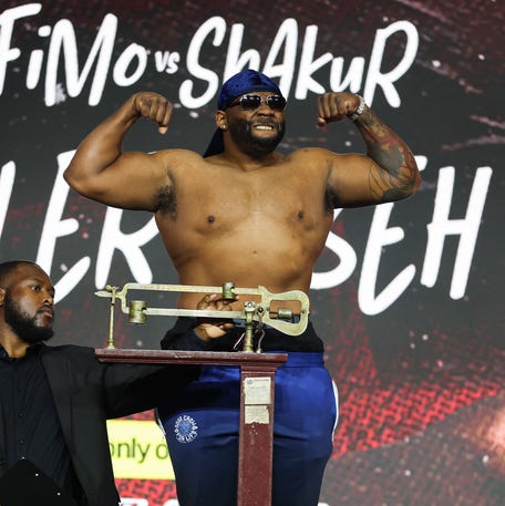 Jarrell Miller stands on the scale before his heavyweight bout against Kingsley Ibeh.