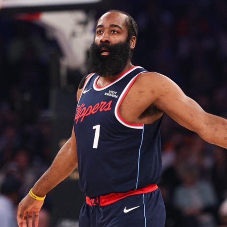 The LA Clippers' James Harden (1) slaps hands with forward Kawhi Leonard during the first quarter against the New York Knicks at Madison Square Garden on Jan. 7 2026.
