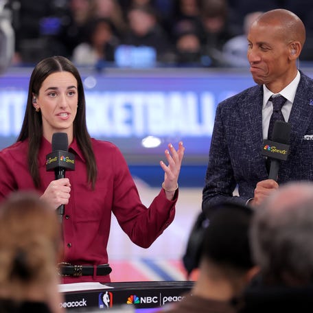 WNBA star Caitlin Clark and former NBA player Reggie Miller broadcast on the court for NBC before a game between the New York Knicks and Los Angeles Lakers at Madison Square Garden on Feb. 1, 2026.