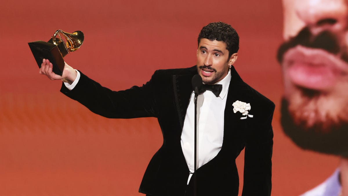Puerto Rican superstar Bad Bunny accepts the album of the year trophy at the Grammy Awards on Feb. 1, 2026, in Los Angeles. His "Debí Tirar Más Fotos" is the first Spanish-language album in Grammys history to earn the award.