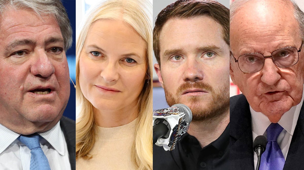 A combination of images shows Leon Black, billionaire, Mette-Marit, the crown princess of Norway, Brian Vickers, NASCAR driver and Former US Senator George Mitchell.