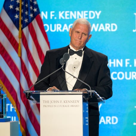 Former Vice President Mike Pence receives in Boston on May 4, 2025, the John F. Kennedy Profile in Courage Award "for putting his life and career on the line to ensure the constitutional transfer of presidential power on January 6, 2021."
