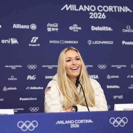 CORTINA, ITALY - FEBRUARY 03: Lindsey Vonn of Team United States speaks during a Team United States Women's Alpine Skiing press conference at Cortina Curling Olympic Stadium on day minus three ahead of the Milano Cortina 2026 Winter Olympics on February 03, 2026 in Cortina, Italy. (Photo by Carmen Mandato/Getty Images)