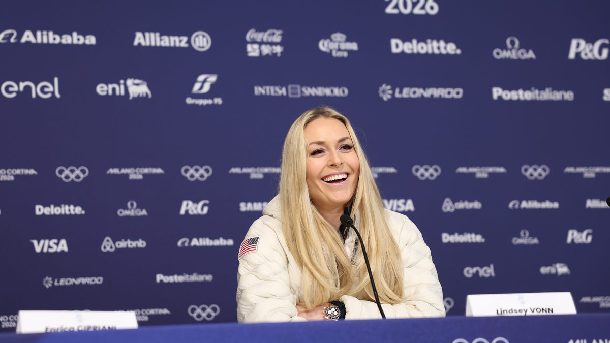 CORTINA, ITALY - FEBRUARY 03: Lindsey Vonn of Team United States speaks during a Team United States Women's Alpine Skiing press conference at Cortina Curling Olympic Stadium on day minus three ahead of the Milano Cortina 2026 Winter Olympics on February 03, 2026 in Cortina, Italy. (Photo by Carmen Mandato/Getty Images)