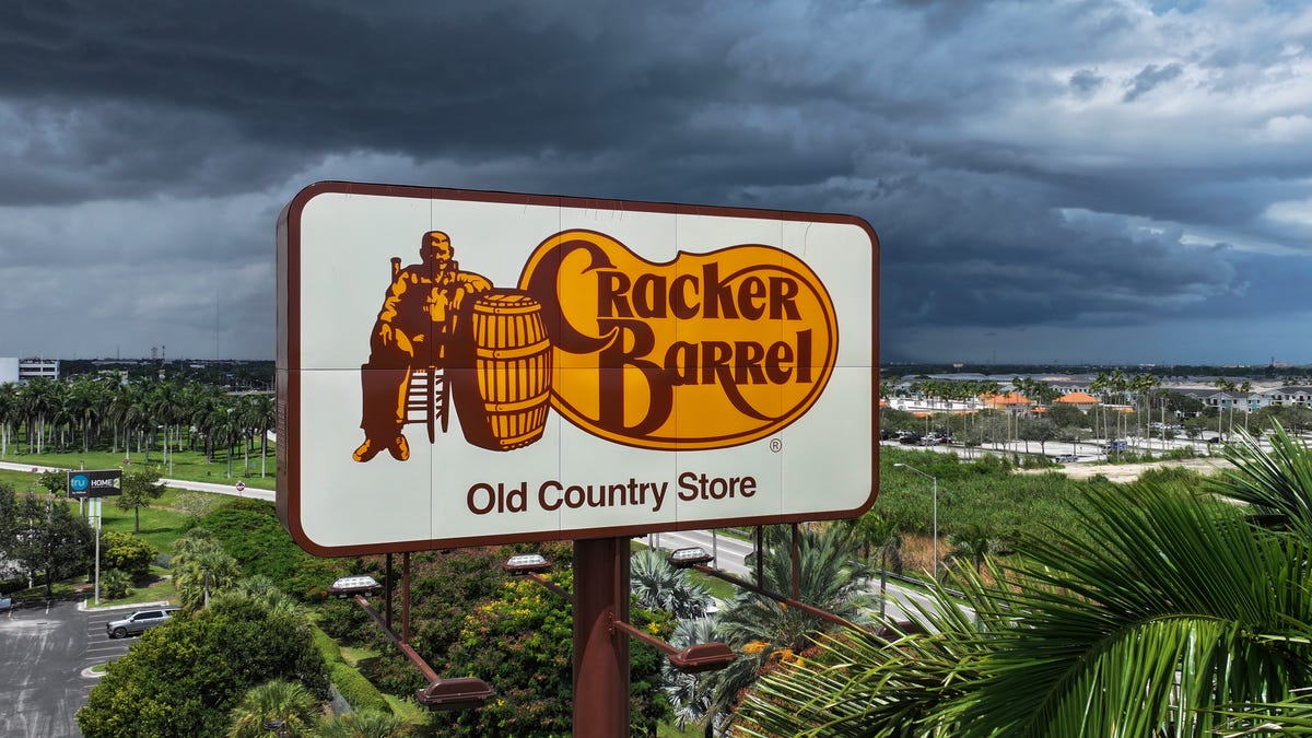 In an aerial view, a Cracker Barrel sign hangs on a sign outside of a restaurant on Aug. 27, 2025 in Florida City, Florida.