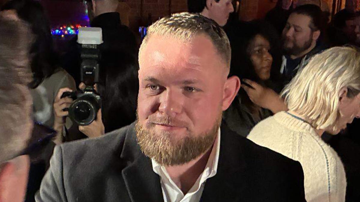 Taylor Rehmet greets a supporter at his Senate District 9 runoff watch party at Nickel City in Fort Worth, Texas, on Jan. 31, 2026.