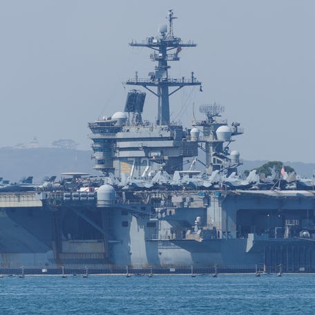 The USS Abraham Lincoln (CVN-72), a Nimitz-class nuclear-powered aircraft carrier, is shown at Naval Air Station North Island in San Diego, California, U.S. August 11, 2025. REUTERS/Mike Blake