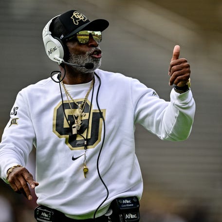BOULDER, CO - APRIL 19: Head coach Deion Sanders of the Colorado Buffaloes walks on the field during the Black and Gold Spring Game at Folsom Field on April 19, 2025 in Boulder, Colorado. (Photo by Dustin Bradford/Getty Images for ONIT)