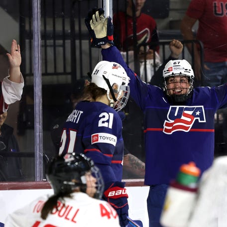 TEMPE, ARIZONA - NOVEMBER 08: Taylor Heise #27 of Team USA celebrates a goal with Hilary Knight #21 of Team USA against Team Canada during the third period at Mullett Arena on November 08, 2023 in Tempe, Arizona. (Photo by Zac BonDurant/Getty Images)