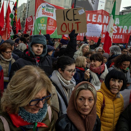 Protesters attend a demonstration after it was confirmed that U.S. Immigration and Customs Enforcement (ICE) personnel will help protect U.S. delegations at the Milan‑Cortina 2026 Winter Olympics, in Milan, Italy, January 31, 2026.