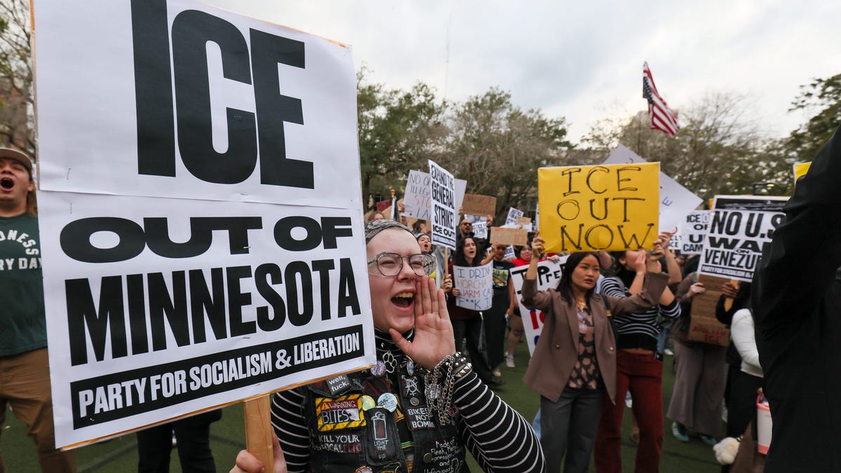Protesters chant as they march down University Avenue during a Party for Socialism & Liberation-sponsored anti-ICE demonstration in downtown Gainesville, Fla., on Friday, Jan. 30, 2026.