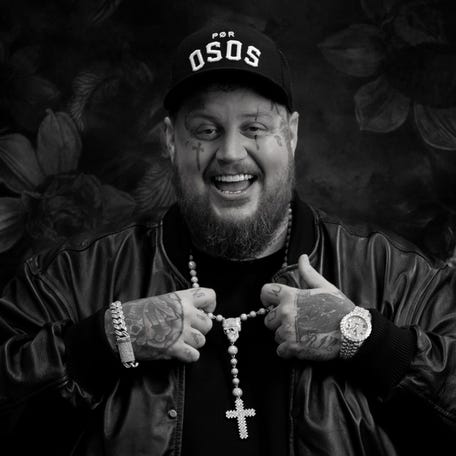 Jelly Roll stands for a photo after being interviewed during CMA Fest at Nissan Stadium in Nashville, Tenn., June 9, 2024.