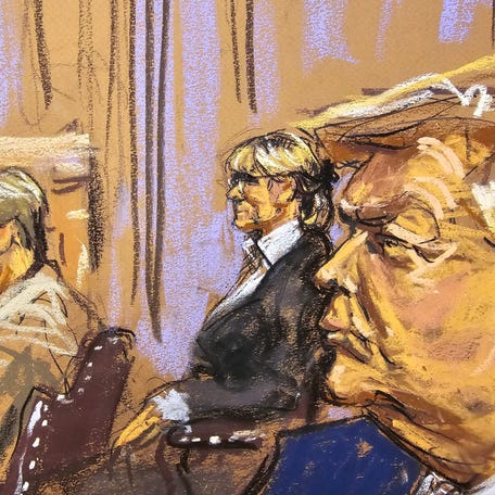 Writer Jean Carroll and then-presidential nominee Donald Trump shown in a 2024 court sketch as he asked a federal appeals court to overturn a $5 million jury verdict finding him liable for sexually assaulting and defaming Carroll.