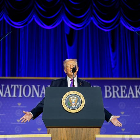 President Donald Trump speaks during the National Prayer Breakfast in Washington, D.C., U.S., February 5, 2026.