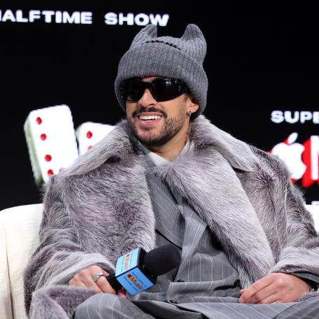 Bad Bunny speaks onstage during the Super Bowl LX Pregame & Apple Music Super Bowl LX Halftime Show Press Conference at Moscone Center West on Feb. 5, 2026 in San Francisco, California.