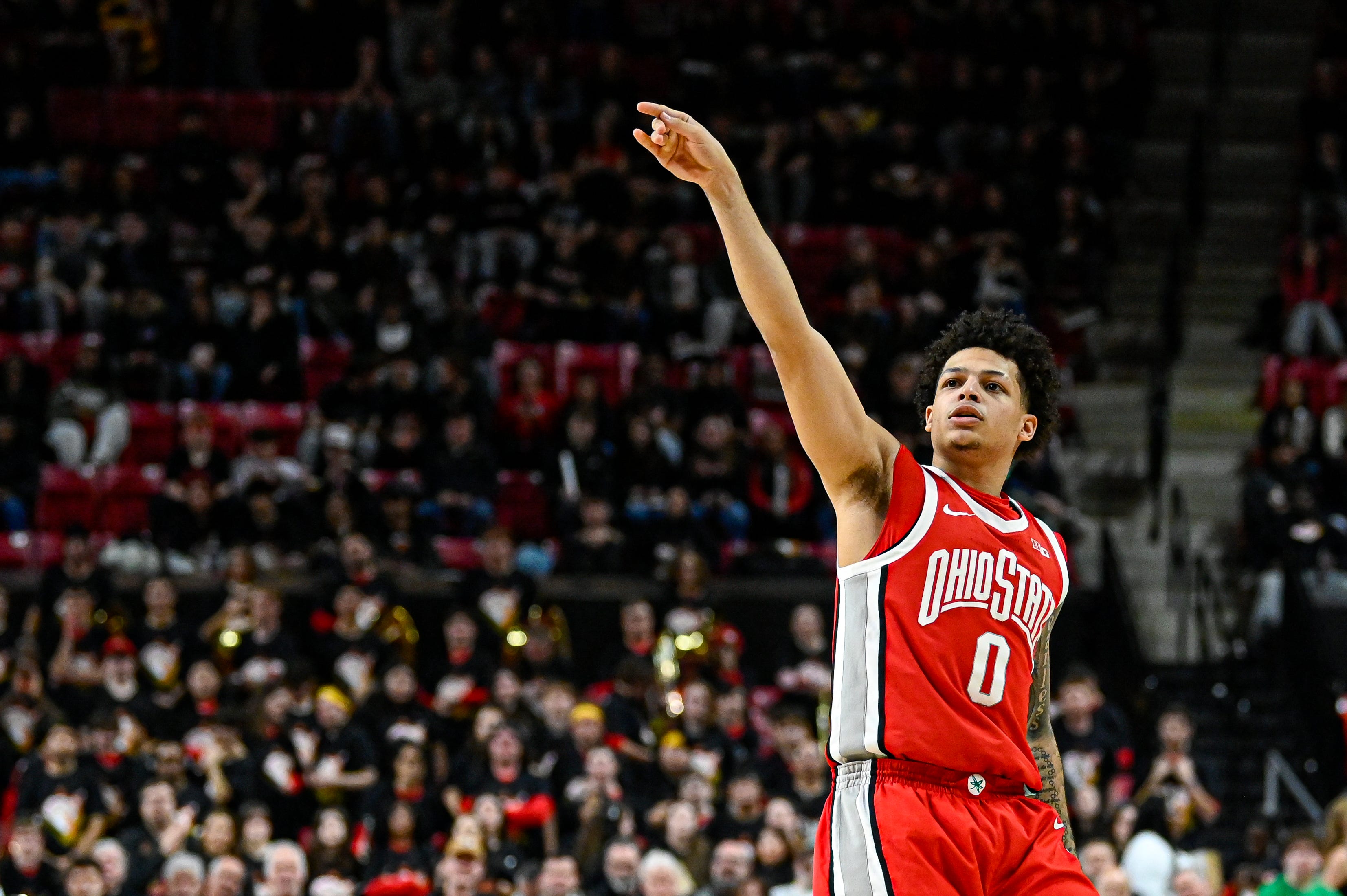 Ohio State’s John Mobley Jr. speaks after an 82-62 win at Maryland