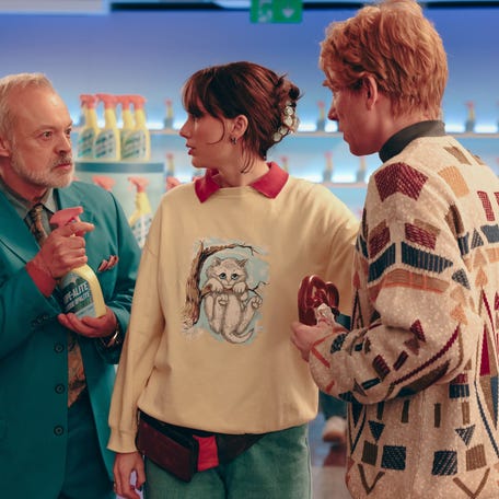 Taylor Swift's "Opalite" music video is a nostalgic '90s-clad throwback starring everyone from the "Graham Norton Show" episode she appeared on. Feb. 6, 2026.