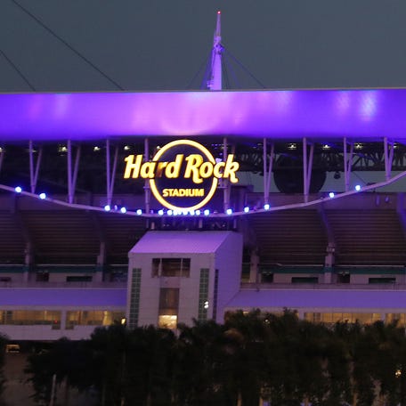 Hard Rock Stadium is seen during the Light It Blue initiative on April 9, 2020, in Miami Gardens, Florida.