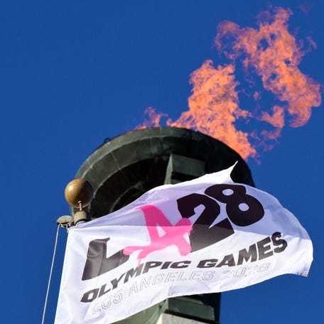 The LA28 Olympic Games cauldron is lit during a ceremonial lighting in Los Angeles, where the LA Summer Games will take place July 14-30, 2028. Ticket sales opened globally April 9, 2026.