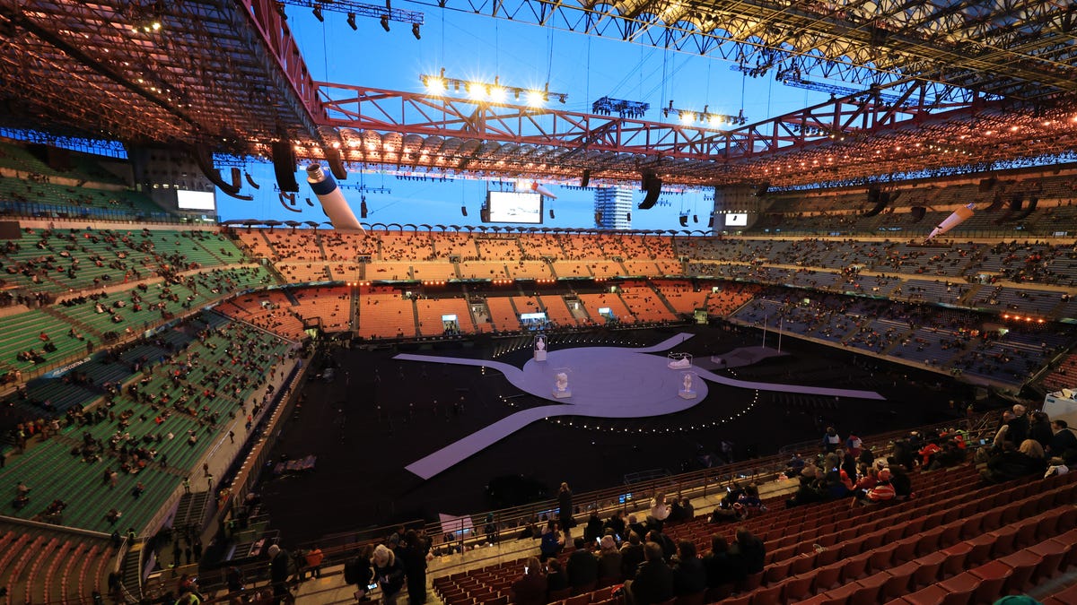 Feb 6, 2026; Milan, ITALY; A general view before the Opening Ceremony for the Milano Cortina 2026 Olympic Winter Games at Milano San Siro Olympic Stadium. Mandatory Credit: Katie Stratman-Imagn Images