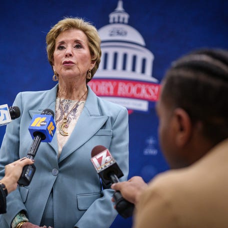Secretary of Education Linda McMahon takes questions from reporters in January 2026 at a high school in Fayetteville, North Carolina.