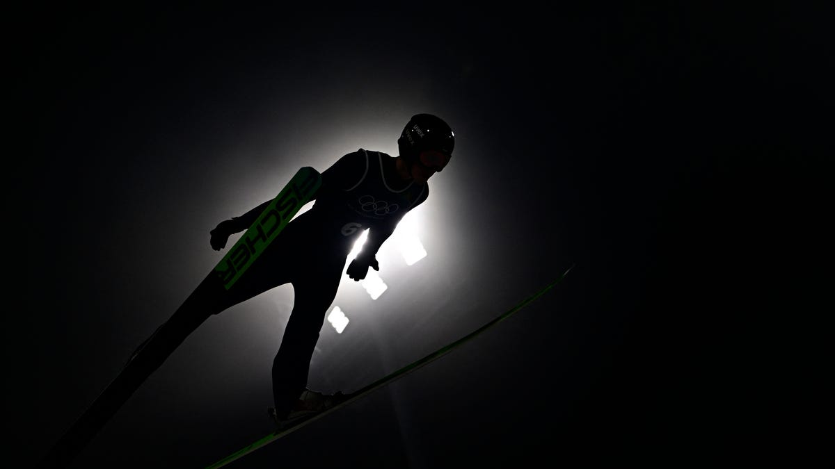 Estonia's Kaimar Vagul jumps during the men's ski jumping normal hill training of the Milano Cortina 2026 Winter Olympic Games at Predazzo Ski Jumping Stadium in Predazzo (Val di Fiemme), on February 5, 2026.