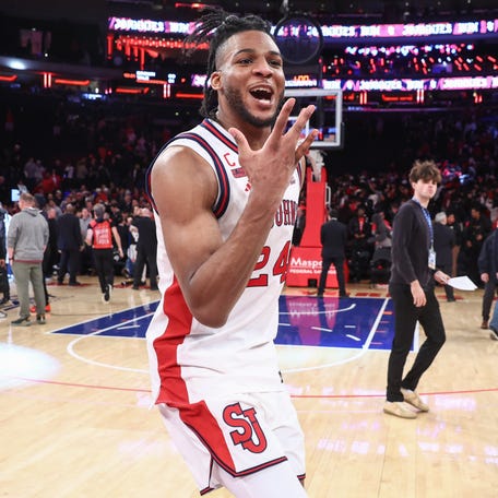 St. John's Red Storm forward Zuby Ejiofor celebrates after defeating the UConn Huskies 81-72 at Madison Square Garden on Feb 6, 2026 in New York.