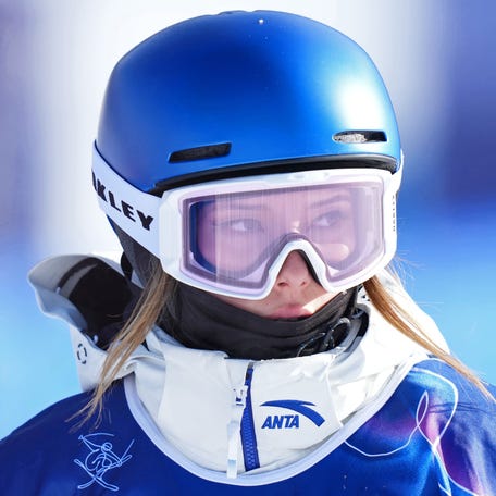 Feb 7, 2026; Livigno, Italy; Ailing Eileen Gu of the People's Republic of China during slopestyle freestyle skiing qualification during the Milano Cortina 2026 Olympic Winter Games at Livigno Snow Park. Mandatory Credit: Joe Camporeale-Imagn Images