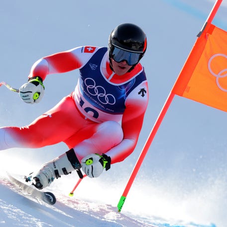 Franjo von Allmen of Switzerland during men's downhill training in the Milano Cortina 2026 Olympic Winter Games at Stelvio Ski Centre.