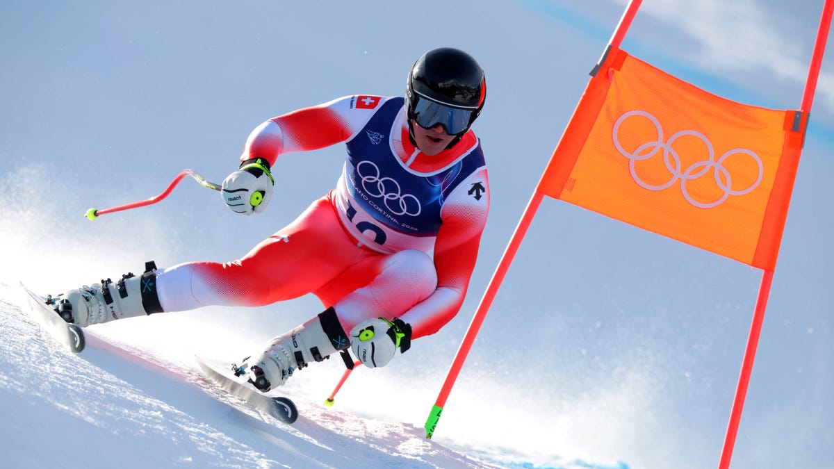 Franjo von Allmen of Switzerland during men's downhill training in the Milano Cortina 2026 Olympic Winter Games at Stelvio Ski Centre.