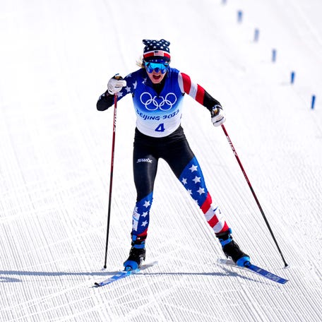 Jessie Diggins (USA) in the women's cross-country skiing 30km freestyle during the Beijing 2022 Olympic Winter Games at Zhangjiakou Cross-Country Centre on Feb 20, 2022 in Zhangjiakou, China.