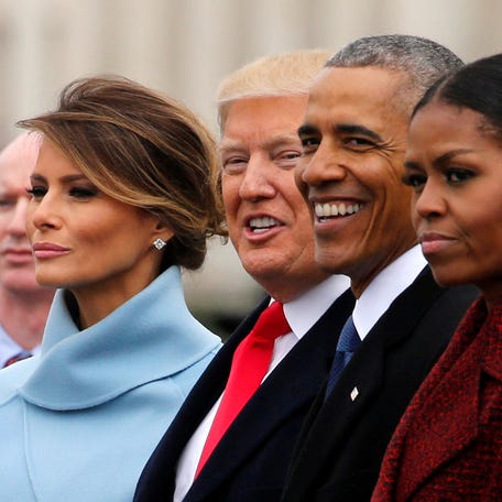 FILE PHOTO: U.S. President Donald Trump and first lady Melania Trump see off former U.S. President Barack Obama and his wife Michelle Obama as they depart following Trump's inauguration at the Capitol in Washington, U.S. January 20, 2017. REUTERS/Jonathan Ernst/File Photo