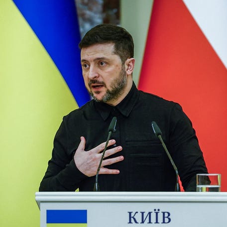 Ukrainian President Volodymyr Zelenskyy speaks during a joint press conference with Polish Prime Minister Donald Tusk amid Russia's attack on Ukraine, in Kyiv, on Feb. 5, 2026.