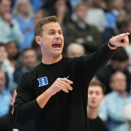 Duke Blue Devils head coach Jon Scheyer reacts in the first half at Dean E. Smith Center in Chapel Hill, North Carolina on Feb. 7, 2026.