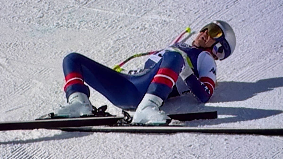 A screenshot from the host broadcast feed of Lindsey Vonn shortly after crashing Feb. 8 during her women's downhill run at the Milano Cortina 2026 Winter Olympics in Cortina d'Ampezzo, Italy.