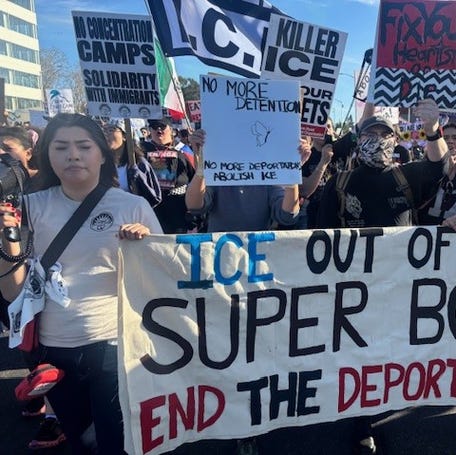 Hundreds marched during a "ICE Out of the Super Bowl Protest" during Super Bowl LX in Santa Clara, Calif., on Feb. 8, 2026. The protest occurred less than two miles from the big game at Levi's Stadium, capping off a weeklong slew of demonstrations in the Bay Area.
