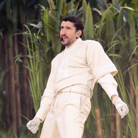 Bad Bunny performs onstage during the Apple Music Super BowlÂ LX Halftime Show at Levi's Stadium on February 08, 2026 in Santa Clara, California.