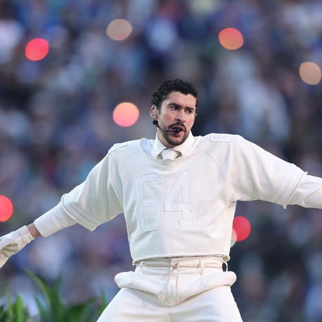 Bad Bunny performs onstage during the Apple Music Super Bowl LX Halftime Show at Levi's Stadium on February 08, 2026 in Santa Clara, California.