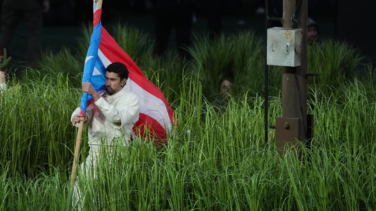 Recording artist Bad Bunny performs at halftime in Super Bowl LX between the New England Patriots and the Seattle Seahawks at Levi's Stadium.