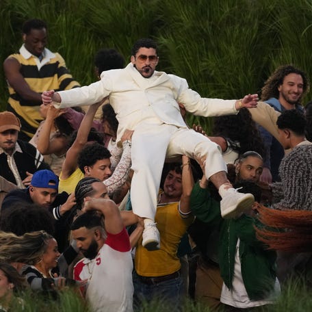 Recording artist Bad Bunny performs at halftime in Super Bowl LX between the New England Patriots and the Seattle Seahawks at Levi's Stadium.